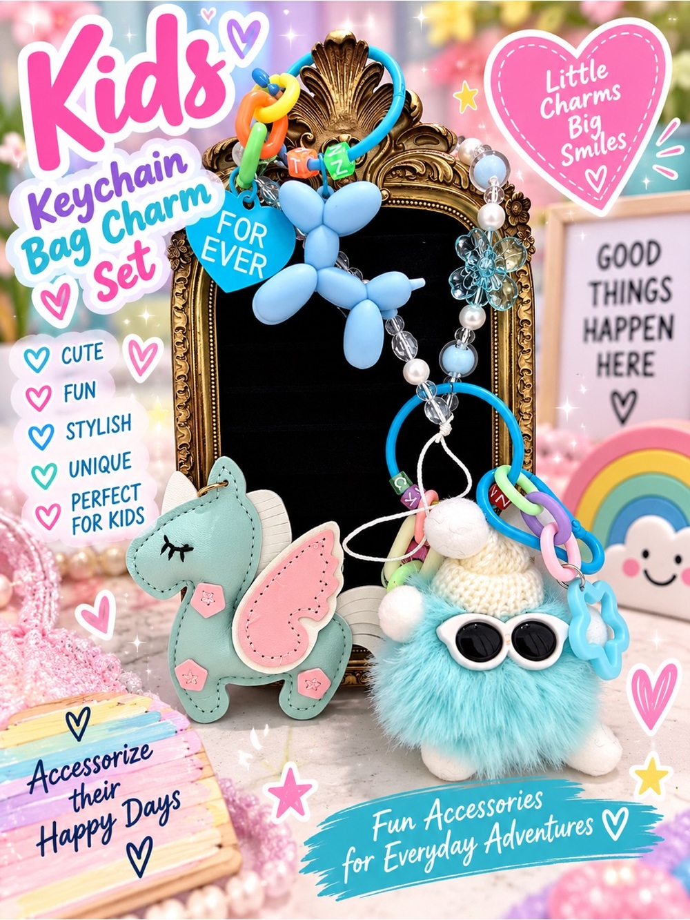 Set of 4 kids bag charm keychain set